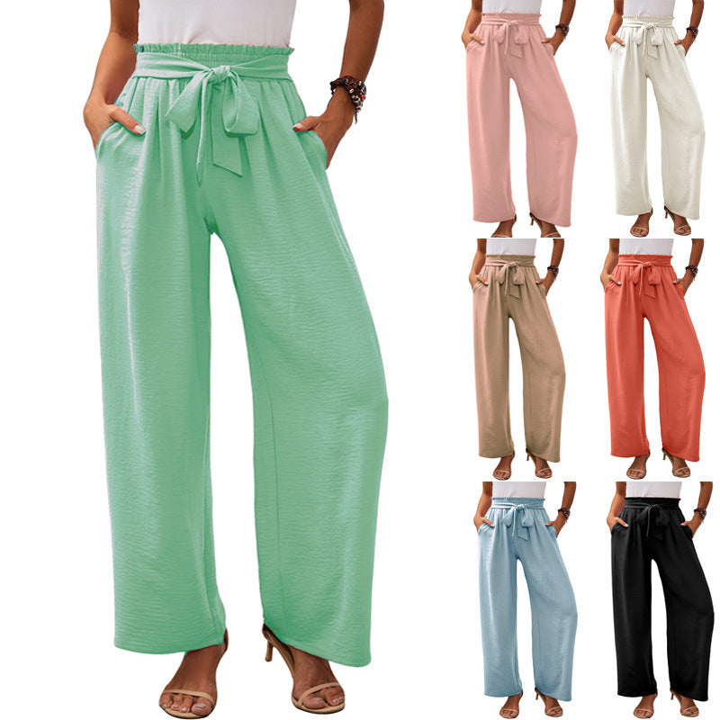 Damen Paperbag-Hose mit weitem Bein, elastischer Taille und Bindegürtel Drune