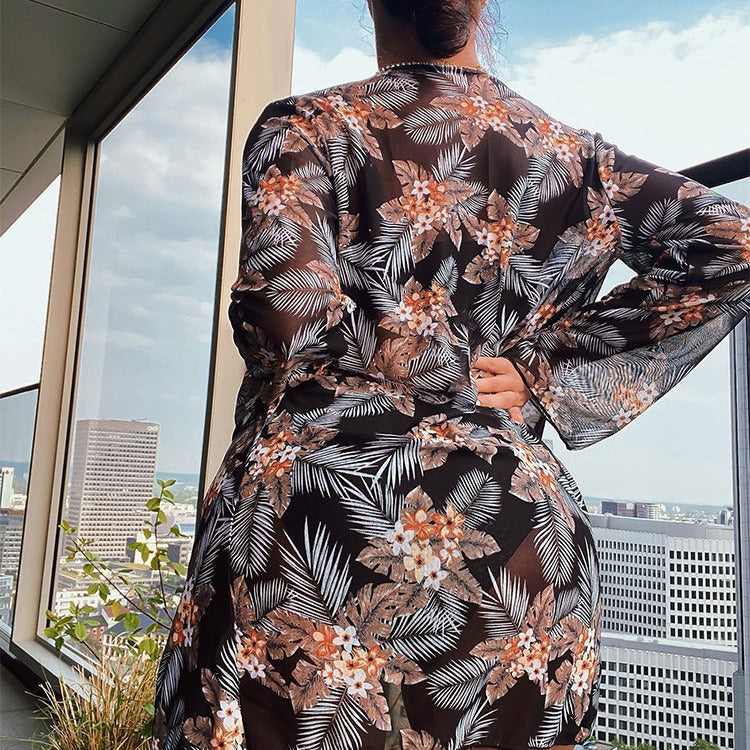 Damen Bikiniset mit floralem Kimono und modischen Details Drune