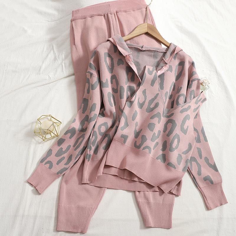 Damen lässiges Hoodie- und Jogginganzug-Set mit Leopardenmuster Drune