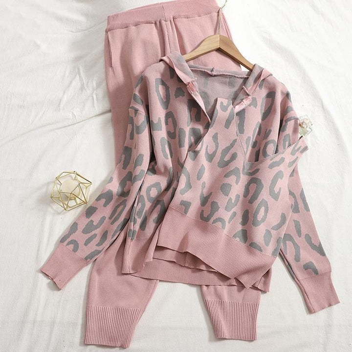 Damen lässiges Hoodie- und Jogginganzug-Set mit Leopardenmuster Drune