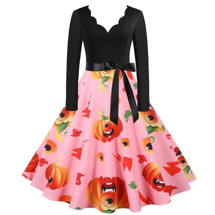 Damen Vintage Swing Kleid mit Halloween-Kürbis-Print und Taillengürtel Drune
