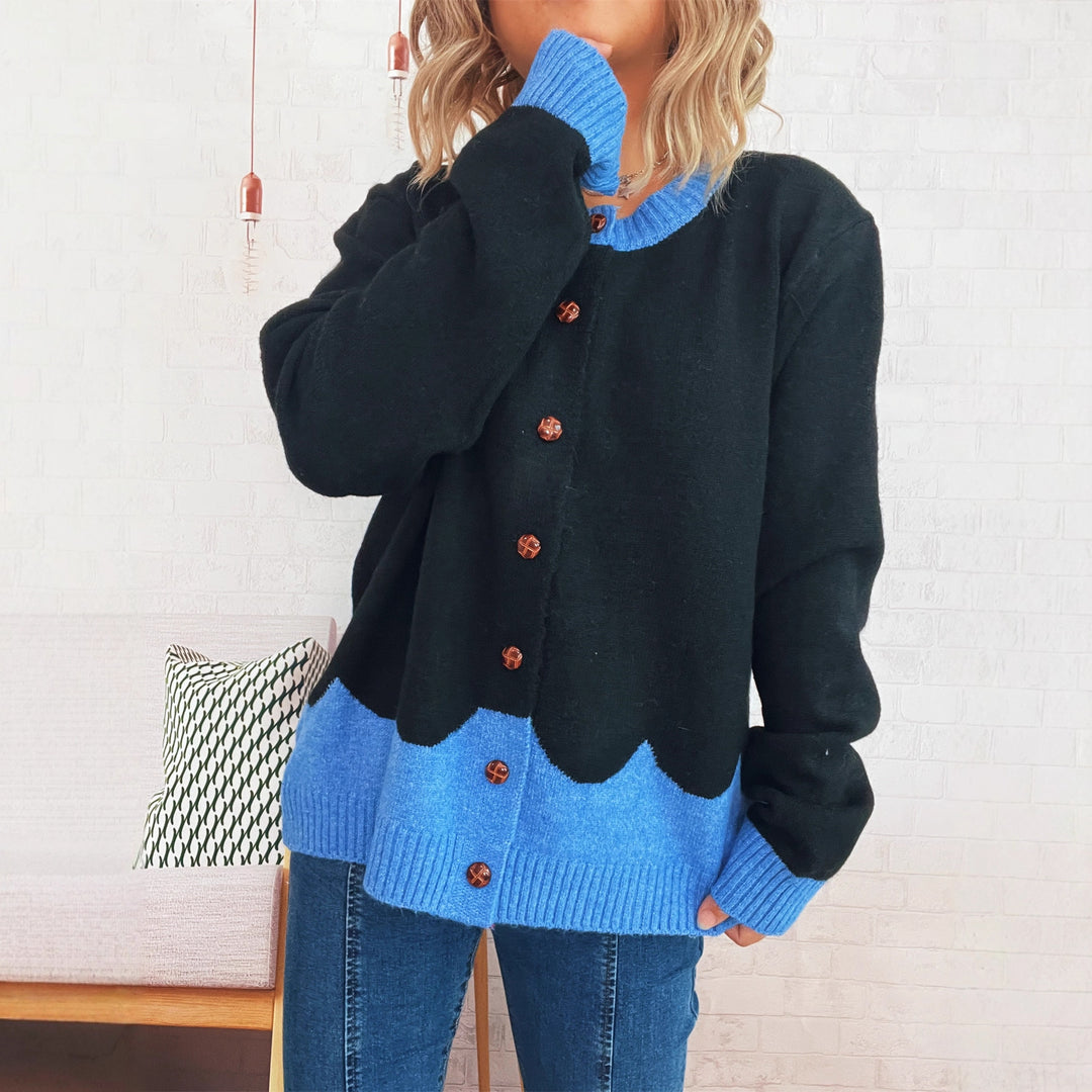 Damen lässige Strickjacke mit buntem Kontrast und eleganten Knopfdetails Drune