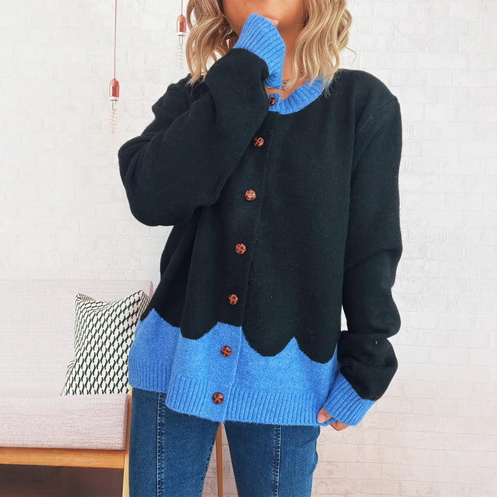 Damen lässige Strickjacke mit buntem Kontrast und eleganten Knopfdetails Drune