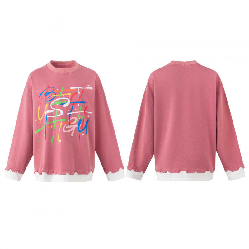 Damen Oversize-Sweatshirt mit mehrfarbigem Graffiti-Print, Lagenoptik und ausgefransten Saumkanten Drune