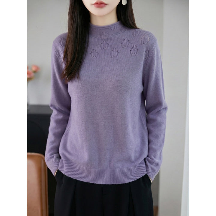 Damen Leichter Stehkragenpullover mit floralem Ajour‑Yoke und feiner Rippkante Drune
