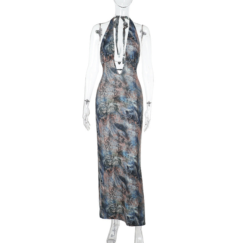 Damen elegantes Maxikleid mit tiefem V-Ausschnitt und verspieltem Halterdesign Drune