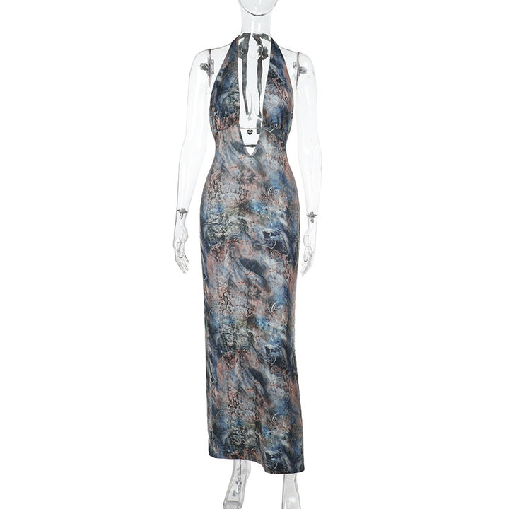 Damen elegantes Maxikleid mit tiefem V-Ausschnitt und verspieltem Halterdesign Drune