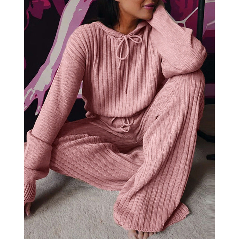 Damen Geripptes Strick-Loungewear-Set mit Kapuzenpullover und weiter Kordelzughose Drune
