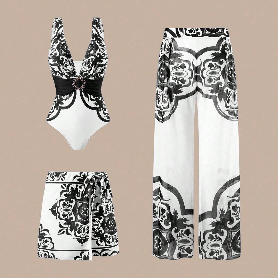 Damen Eleganter Badeanzug mit passendem Strandhosen-Set Drune