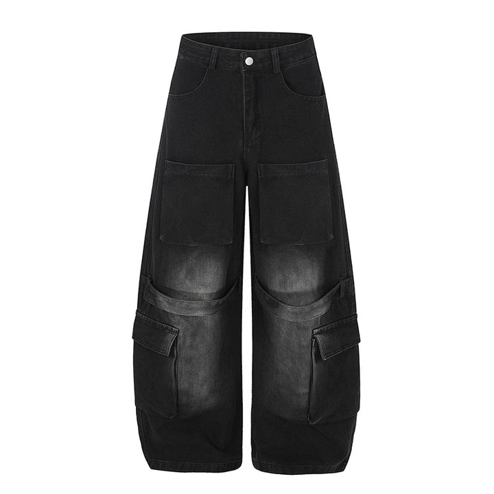 Damen Hochgeschnittene weite Cargo-Palazzo-Jeans mit großen aufgesetzten Taschen und Vintage-Waschung Drune