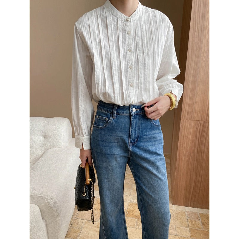 Damen kreative Bluse mit strukturierter Oberfläche und elegantem Stehkragen Drune