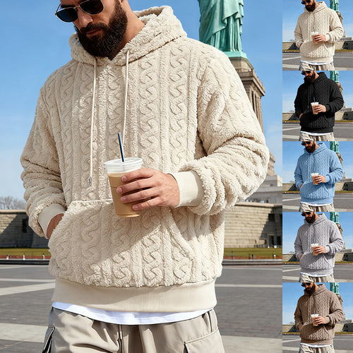 Herren nan Kuscheliger Sherpa-Hoodie mit Zopfmuster, Kängurutasche und Rippbündchen Drune