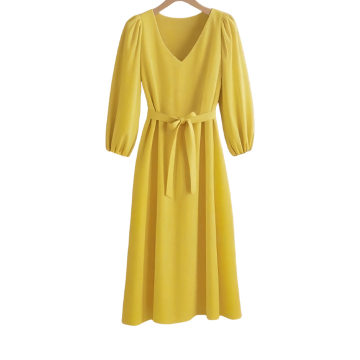 Damen Maxikleid mit V-Ausschnitt und eleganten Puffärmeln Drune