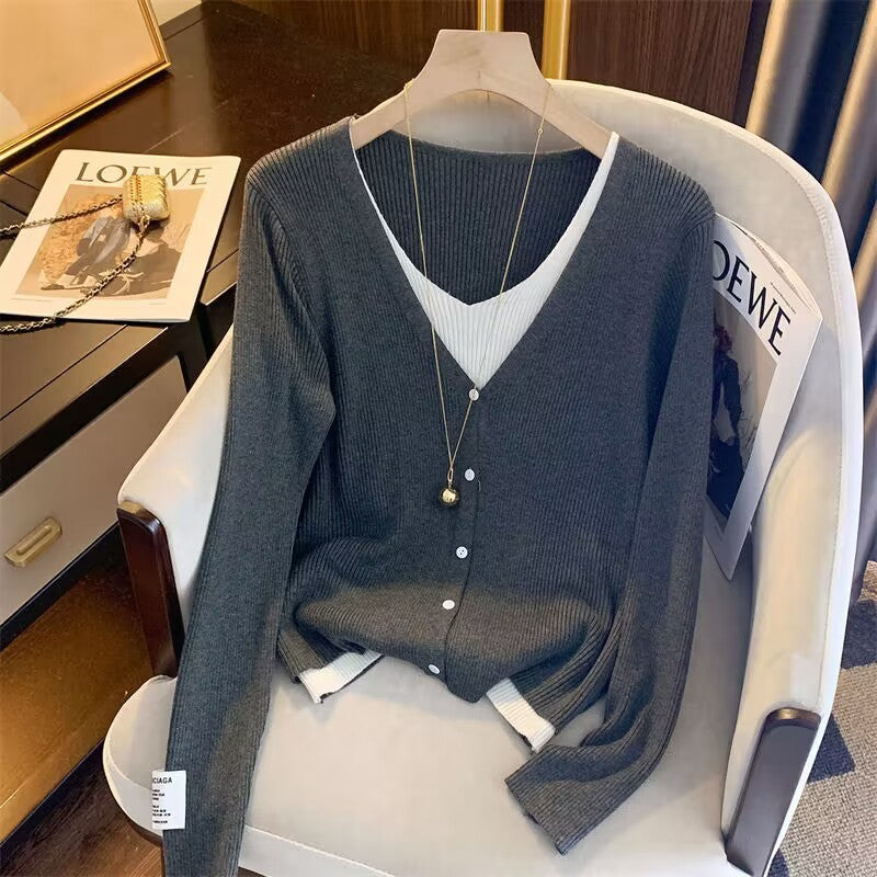 Damen lässige Strickjacke mit tiefem V-Ausschnitt und feiner Struktur Drune