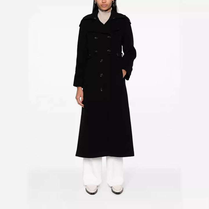 Damen Bodenlanger Doppelreihiger Trenchcoat aus Wollmix mit Schulterpatten und verdecktem Taillengürtel Drune