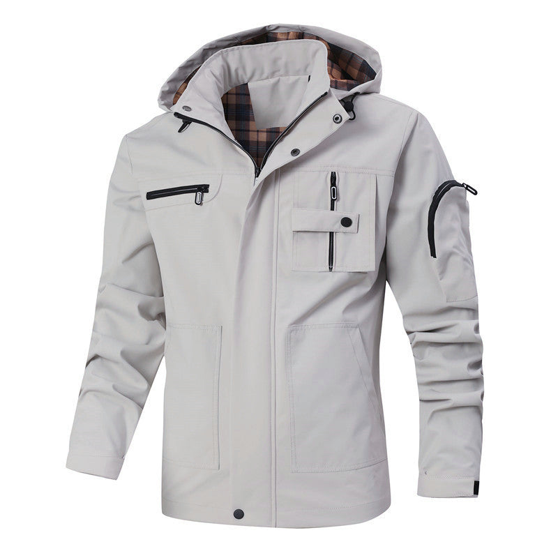 Herren Winddichte Softshelljacke mit Kapuze, kariertem Innenfutter und Multifunktionstaschen Drune