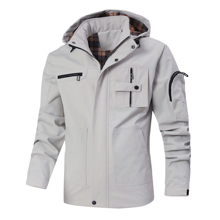 Herren Winddichte Softshelljacke mit Kapuze, kariertem Innenfutter und Multifunktionstaschen Drune