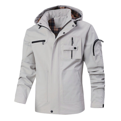 Herren Winddichte Softshelljacke mit Kapuze, kariertem Innenfutter und Multifunktionstaschen Drune