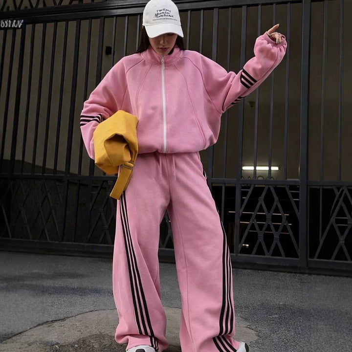 Damen weites Jogginganzug-Set aus Baumwollfleece mit Reißverschluss und seitlichen Kontraststreifen Drune