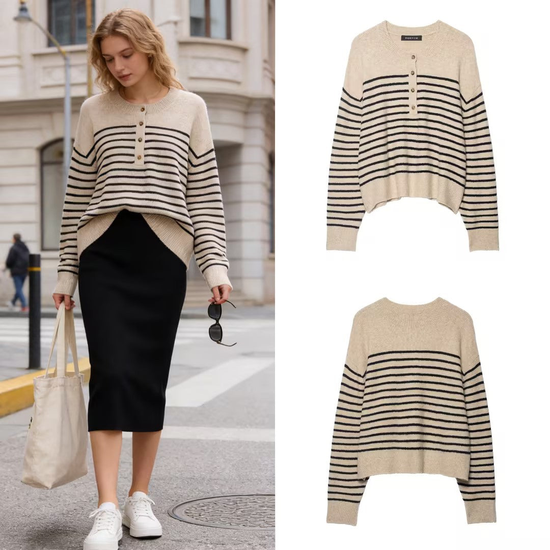 Damen Gestreifter Feinstrick-Henley-Pullover mit überschnittener Schulter und geripptem Saum Drune
