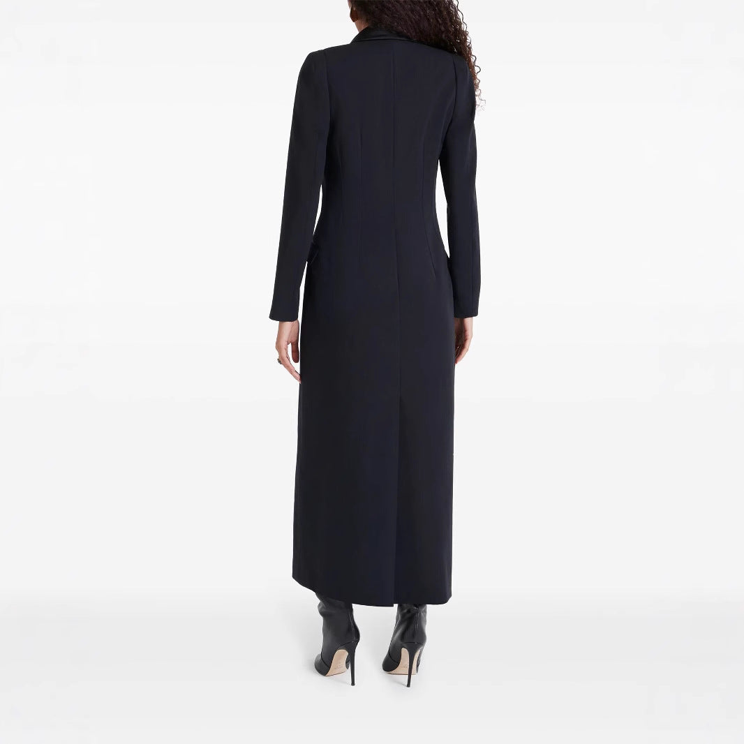 Damen Maxikleid im Smoking‑Blazer‑Stil mit Schalkragen und Ein‑Knopf‑Verschluss Drune