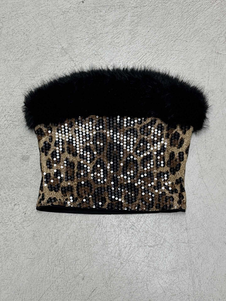Damen glitzerndes Leopardenmuster Oberteil mit Kunstfellbesatz Drune