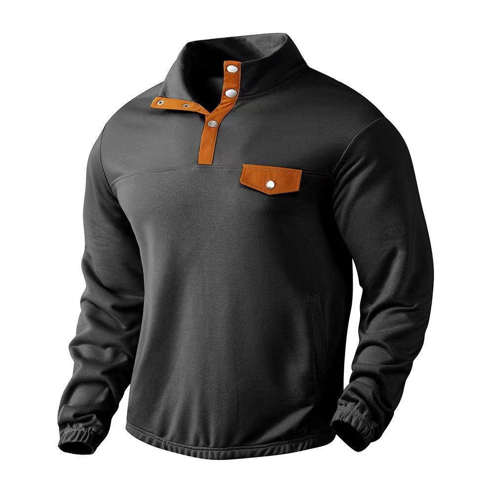 Herren nan Stehkragen-Henley-Sweatshirt mit Druckknopfleiste und aufgesetzter Brusttasche Drune