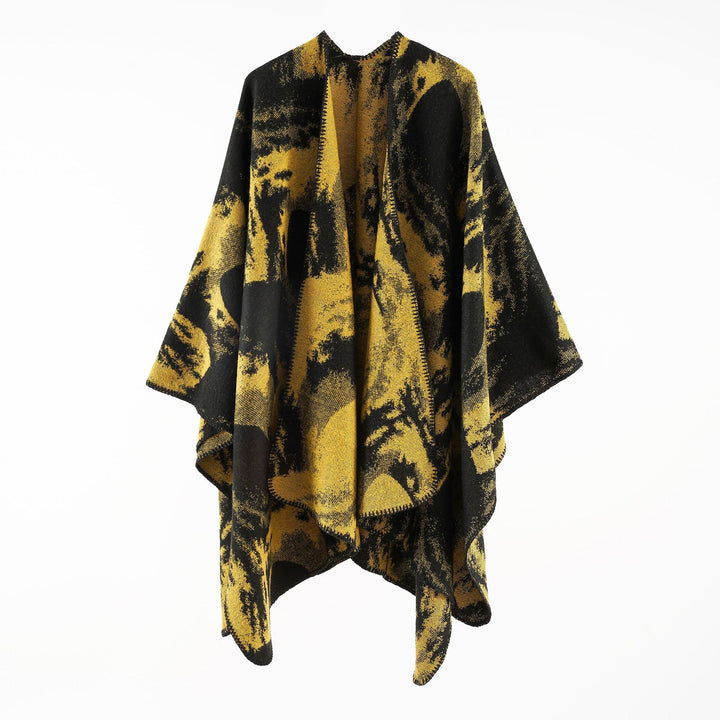 Damen Oversize-Jacquard-Umhang aus Wollmix mit grafischem Aquarellmuster und Kettelkante Drune