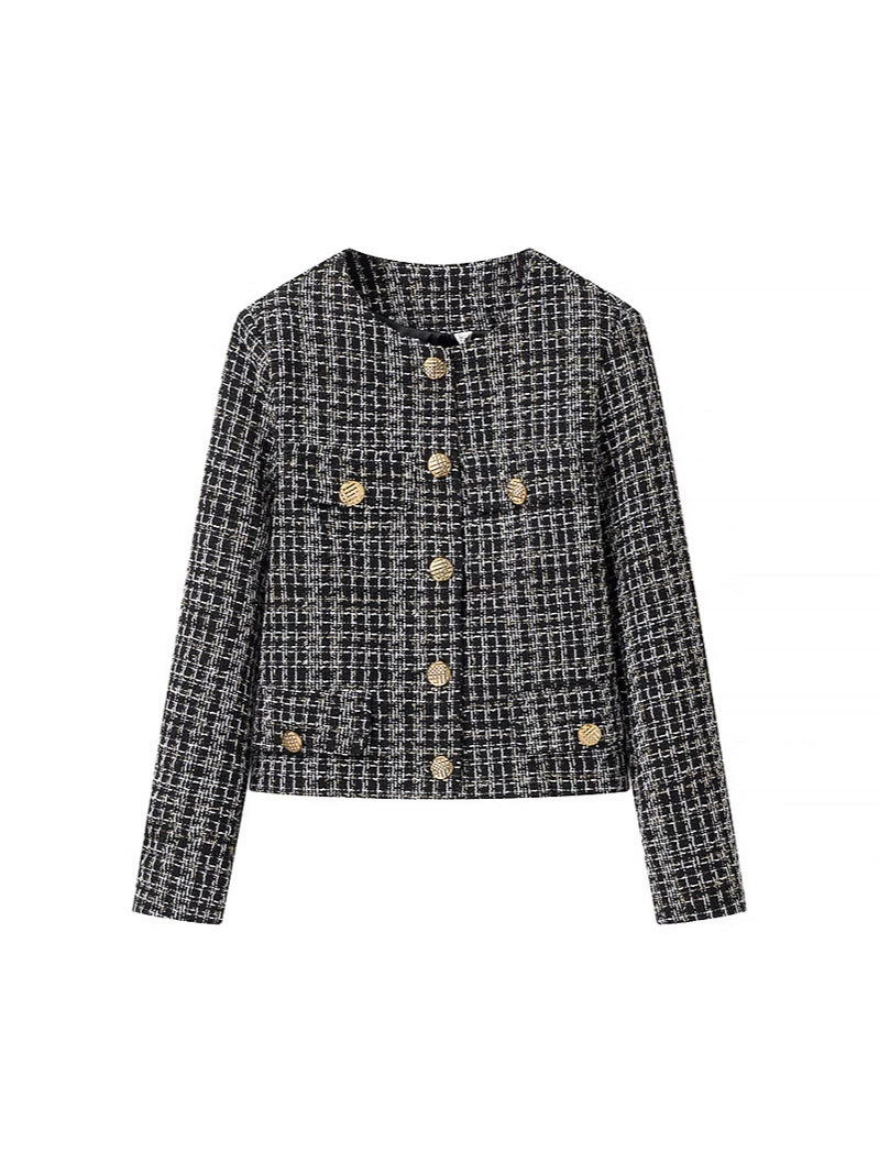Damen elegante Tweed-Jacke mit goldenen Knöpfen Drune