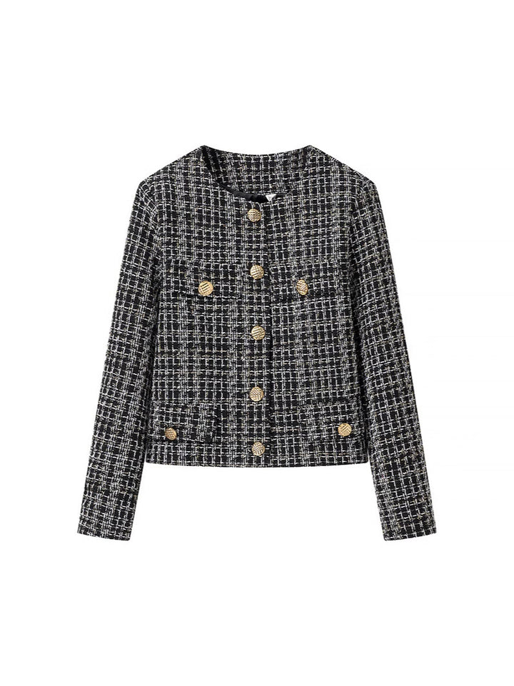 Damen elegante Tweed-Jacke mit goldenen Knöpfen Drune