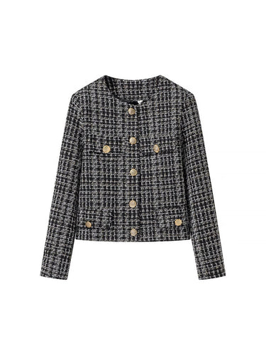 Damen elegante Tweed-Jacke mit goldenen Knöpfen Drune