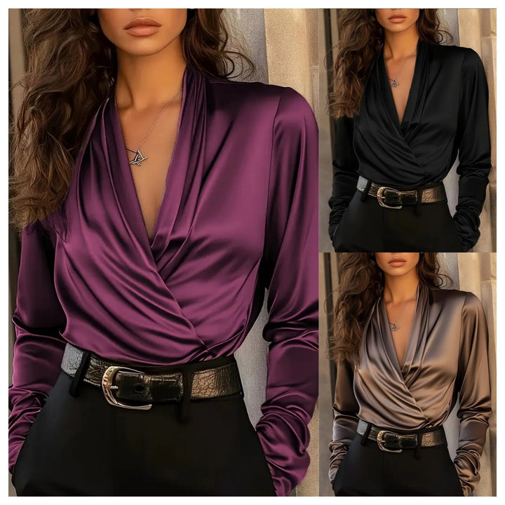 Damen elegante Satinbluse mit Wickeldesign und tiefem V-Ausschnitt Drune