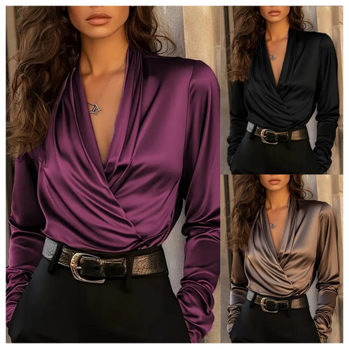 Damen elegante Satinbluse mit Wickeldesign und tiefem V-Ausschnitt Drune