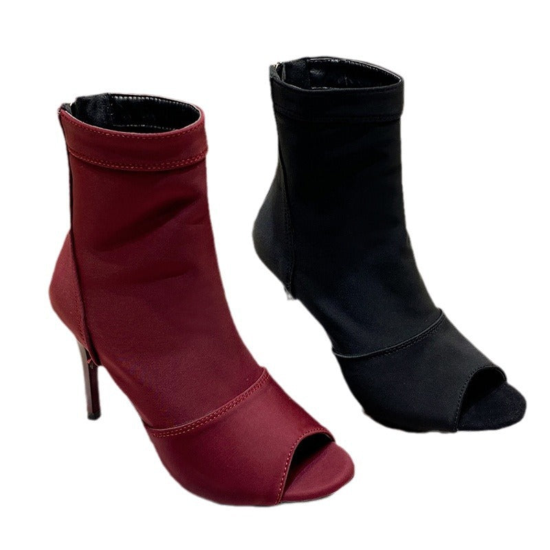 Damen Offene Zehenstiefelette mit Stretchschaft und schmalem Stilettoabsatz Drune