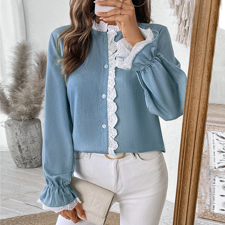Damen Elegante Bluse mit Spitzenkragen und Rüschendetails Drune
