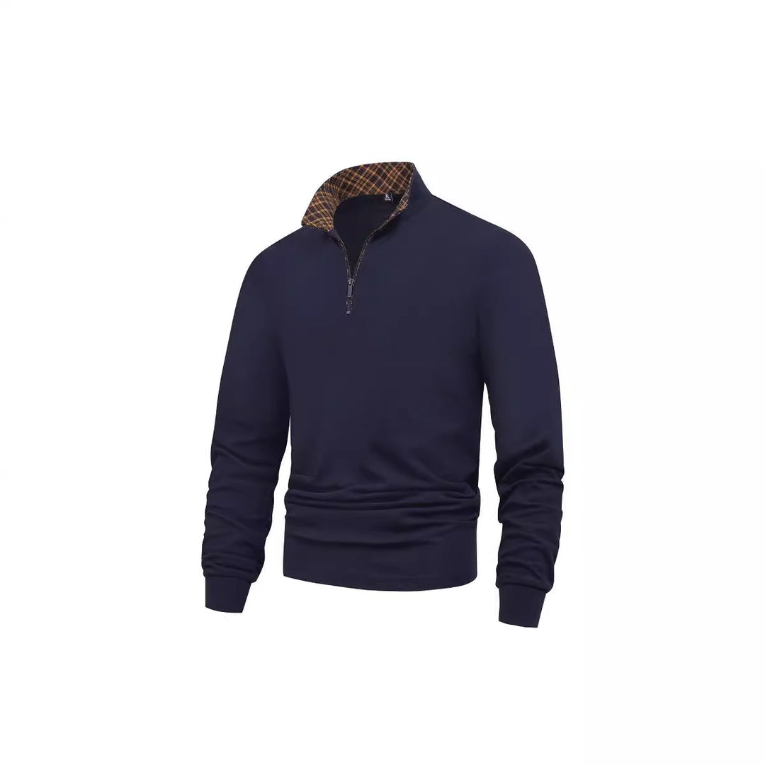 Herren Langarm-Halfzip-Pullover mit Troyerkragen und kariertem Innenkragen Drune