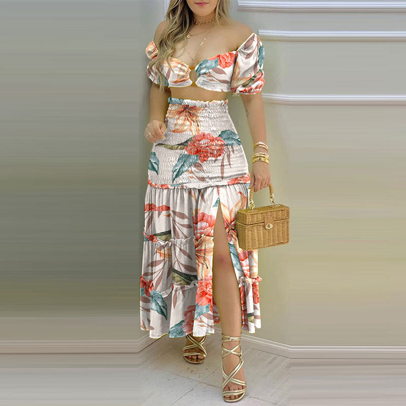 Damen Zweiteiliges Sommerkleid aus gecrashtem Stoff mit Puffärmeln und hohem Schlitz Drune