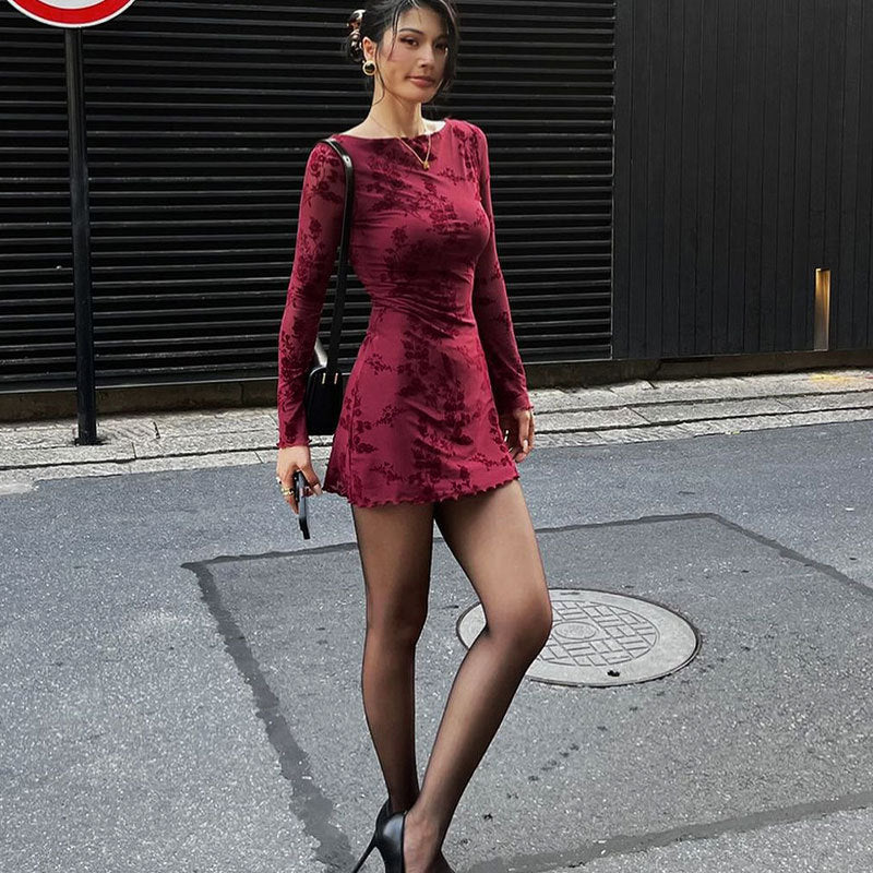 Damen Floral Minikleid mit transparenten Ärmeln Drune