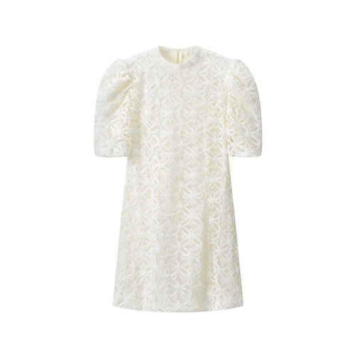 Damen A-Linien Mini-Kleid mit dreidimensionaler Blumenstickerei und Puffärmeln Drune