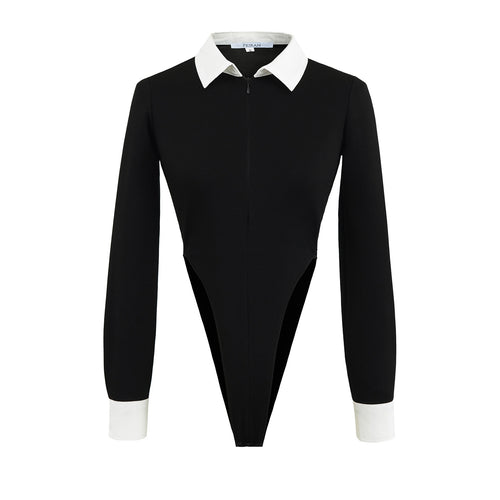 Damen eleganter Bodysuit mit kontrastierendem Kragen Drune