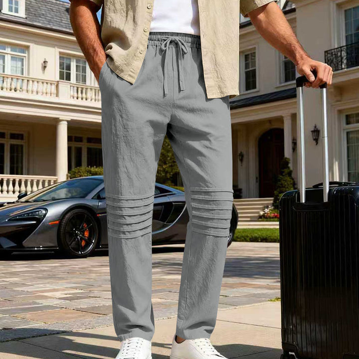 Herren Leinenoptik-Loungehose mit Tunnelzug elastischem Bund und abgesteppten Kniepanelen Drune