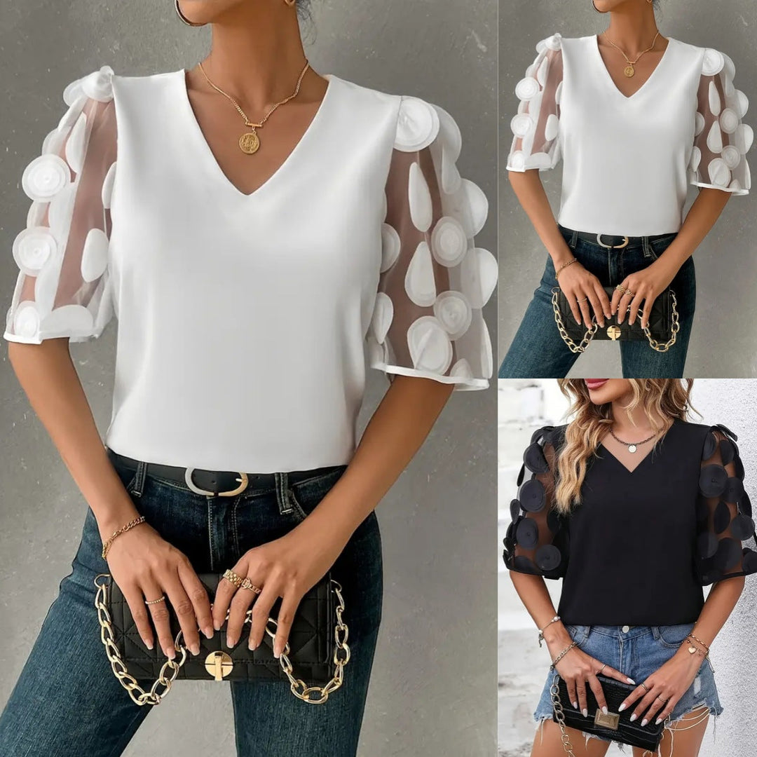 Damen V-Ausschnitt Bluse mit transparenten Rüschensäumen Drune