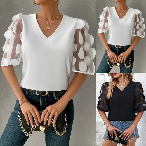 Damen V-Ausschnitt Bluse mit transparenten Rüschensäumen Drune