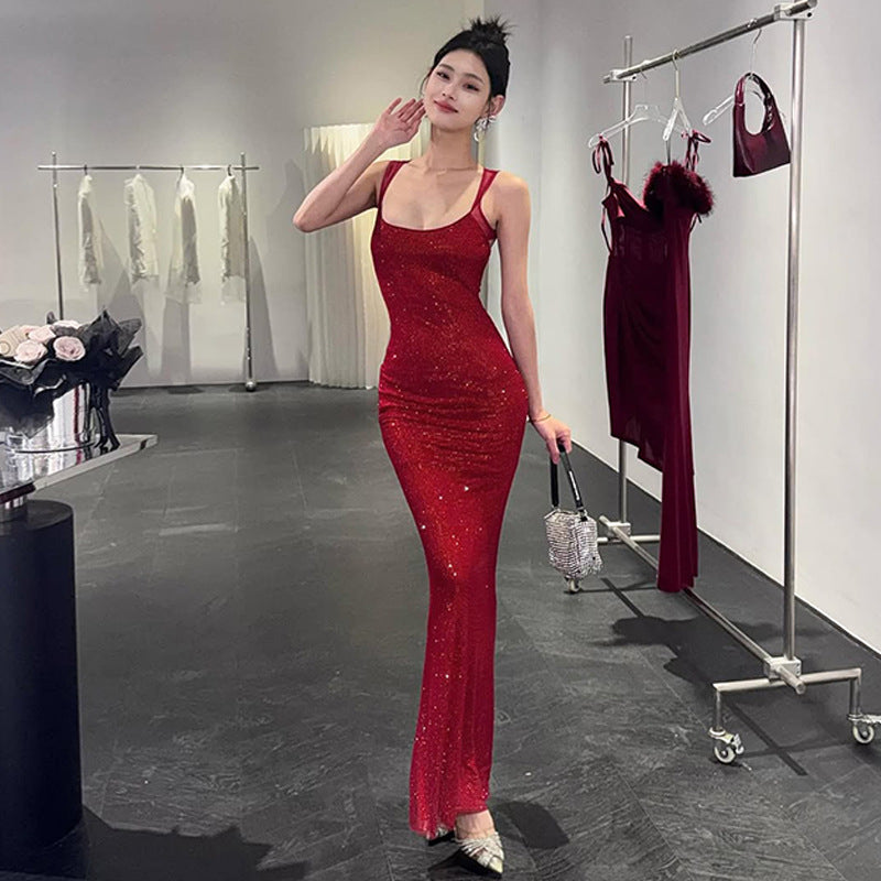 Damen Elegantes Maxikleid mit verführerischem Kreuzträger und schimmerndem Obermaterial Drune