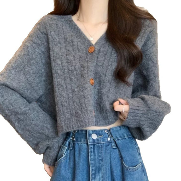 Damen Kurze Strickjacke mit breiten Ärmeln und Knopfdetail Drune
