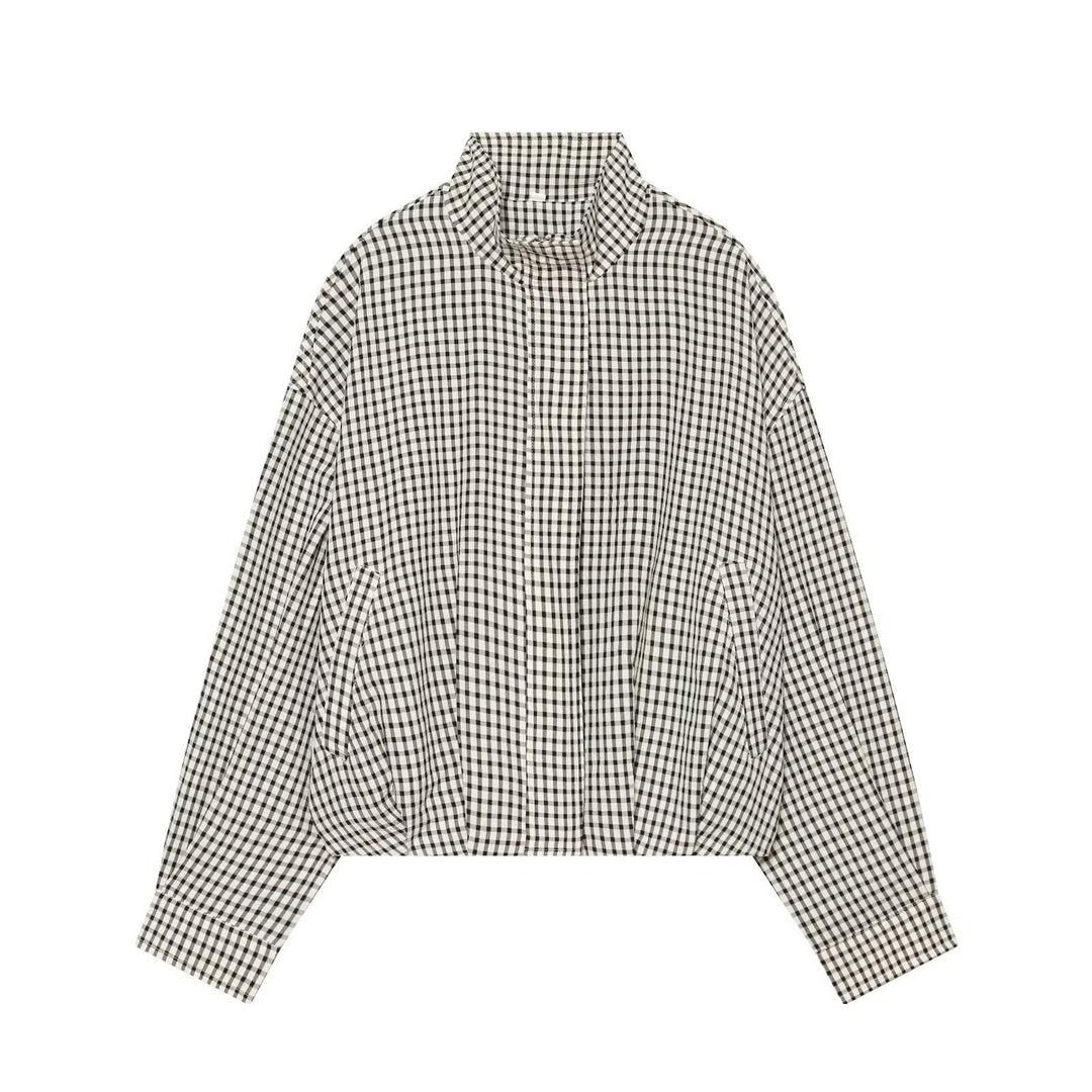 Damen Cropped Boxy-Jacke im Vichy-Karo mit Funnelkragen und verdeckter Knopfleiste Drune