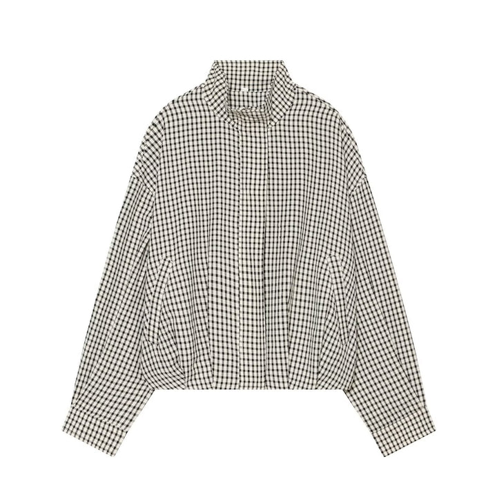 Damen Cropped Boxy-Jacke im Vichy-Karo mit Funnelkragen und verdeckter Knopfleiste Drune