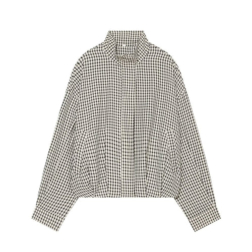 Damen Cropped Boxy-Jacke im Vichy-Karo mit Funnelkragen und verdeckter Knopfleiste Drune