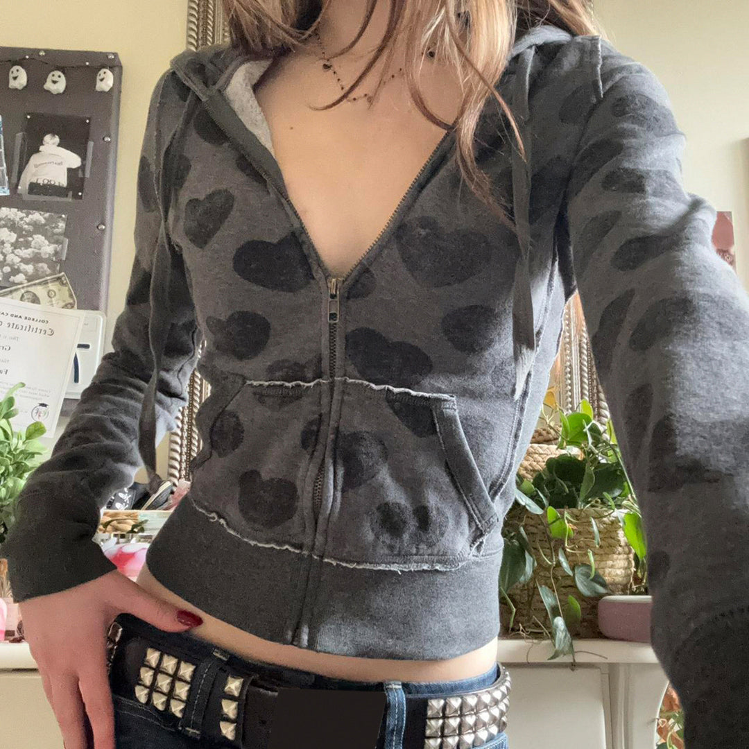 Damen Kurze Kapuzenjacke mit Reißverschluss, Kängurutasche und Allover-Herzmuster Drune