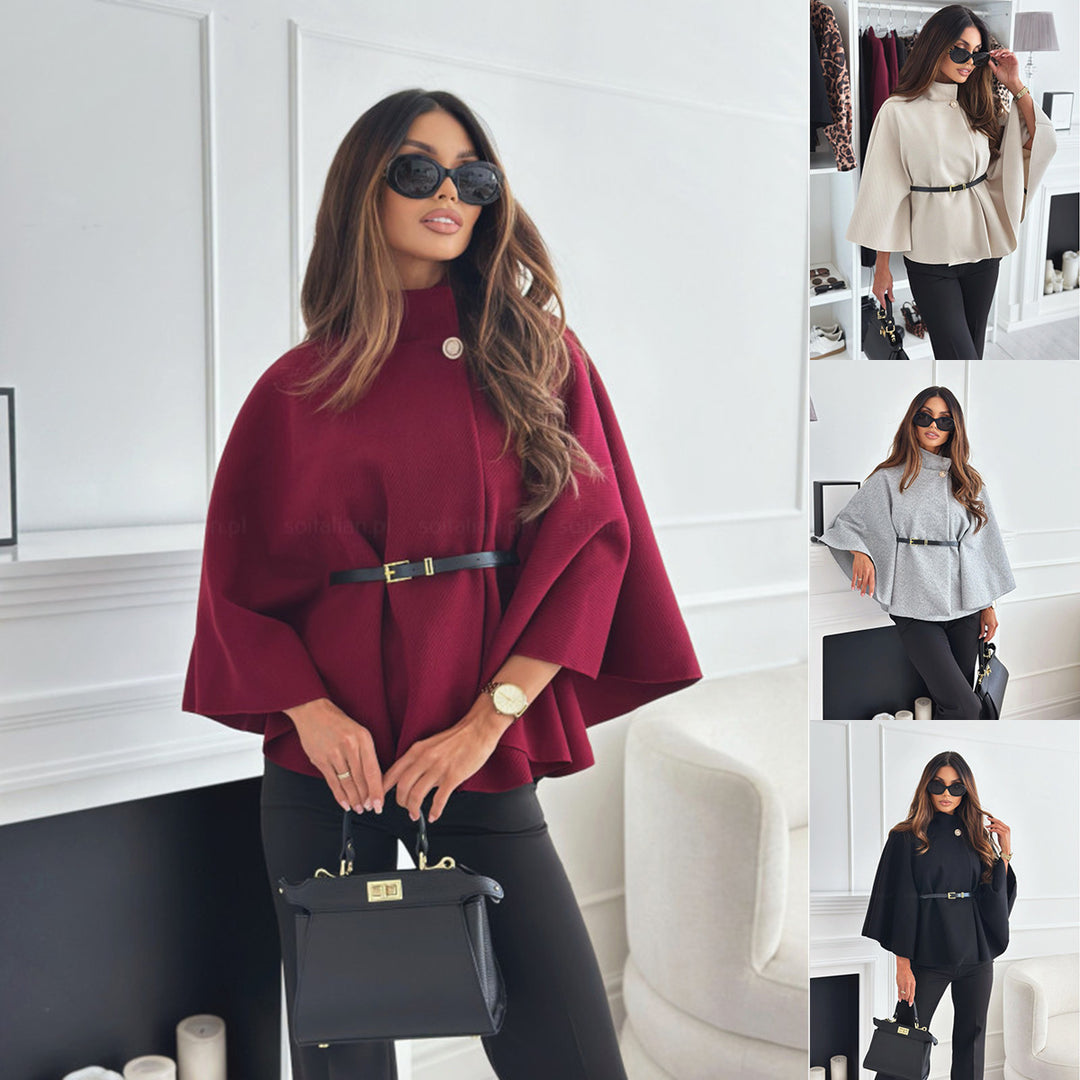 Damen elegante Poncho-Bluse mit Gürtel und modischem Revers Drune